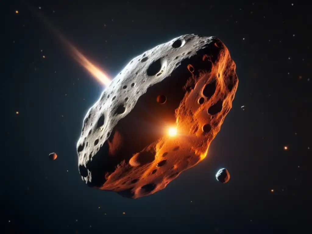 A photorealistic depiction of an asteroid in space, with intricate markings and features against a black background