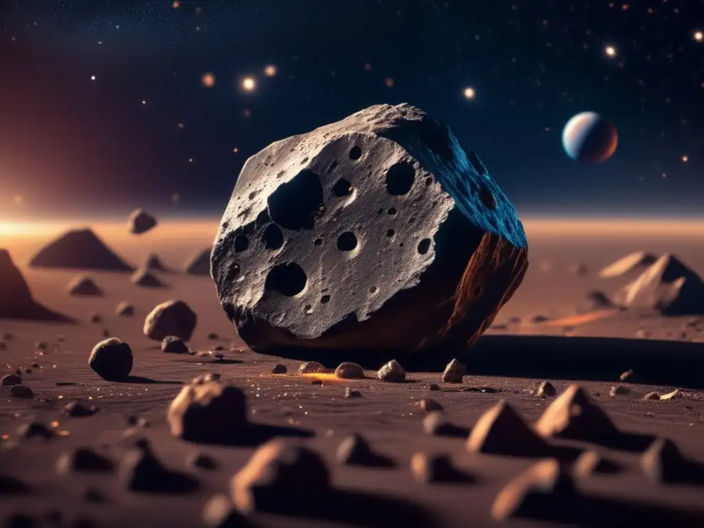 A celestial encounter: A cosmic journey through space leads to a breathtaking closeup of an asteroid, with jagged edges and intricate surface markings