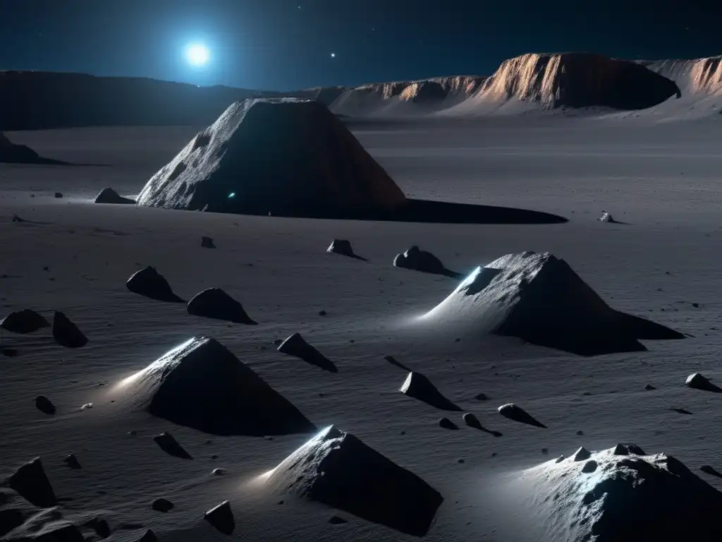 A glowing asteroid illuminates its jagged cliffs and deep crevices, while muted colors dominate the rocky texture