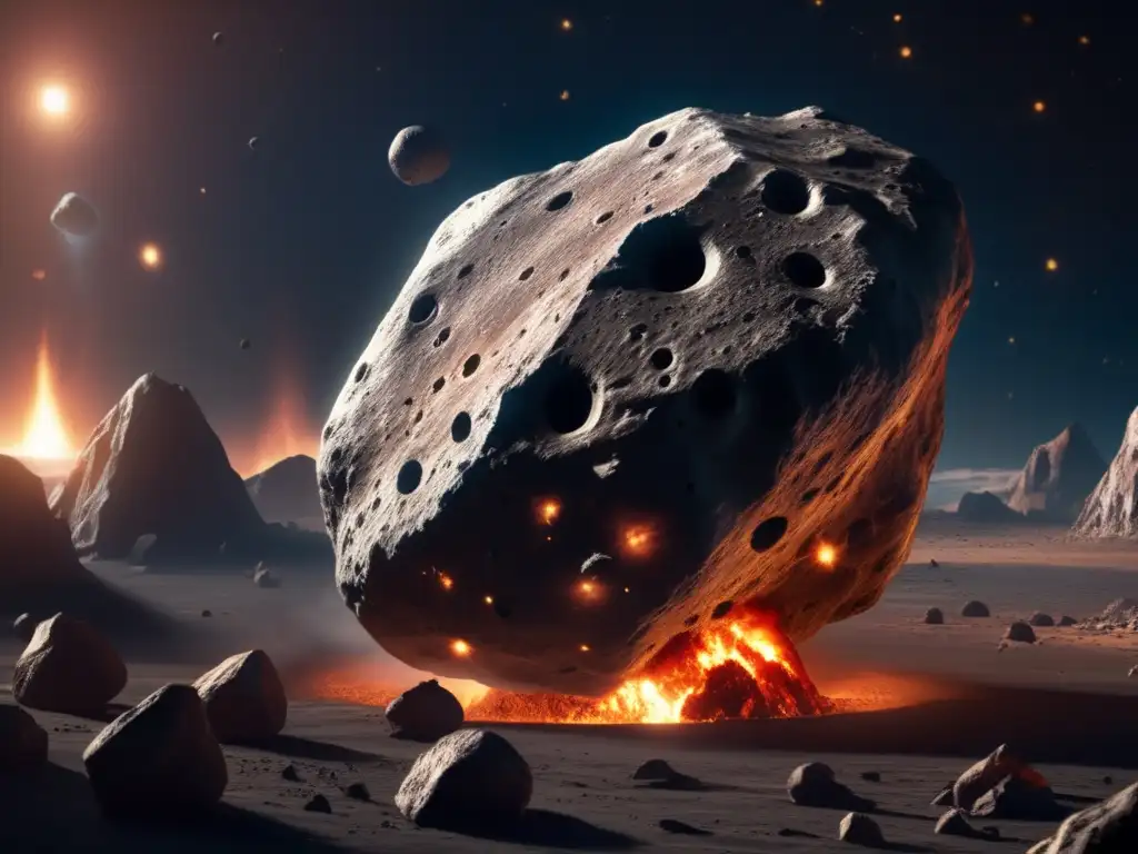 A captivating closeup of a colossal asteroid, adorned with intricate craters and jagged edges, subtly lit against the backdrop of a fiery orb