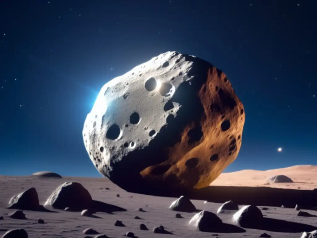 An equatorial tracking telescope captures a close-up of a rounded asteroid with jagged edges, its surface detail illuminated by sunlight