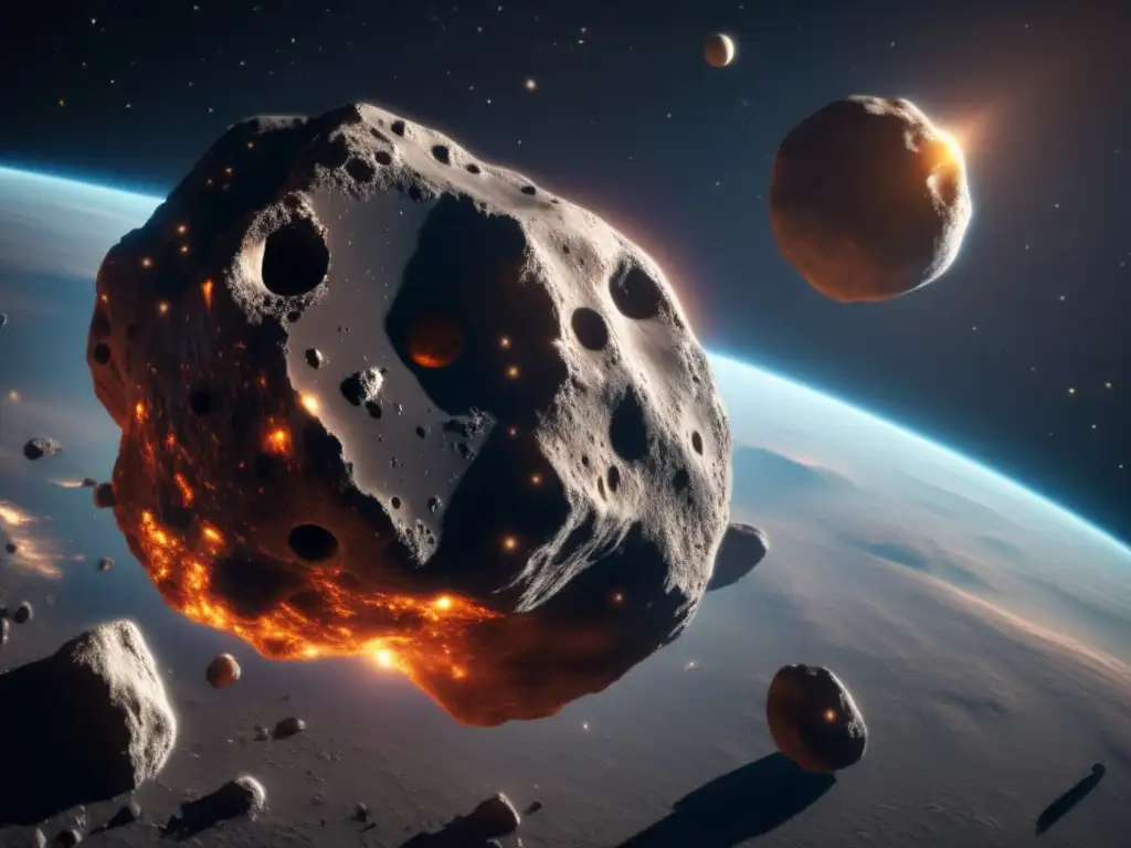 A photorealistic depiction of a massive asteroid cruising through space, with dramatically detailed surface texture