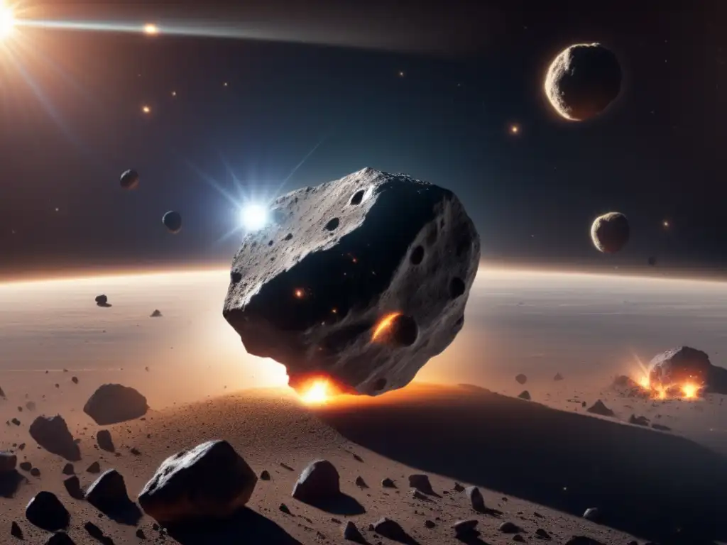 A striking photorealistic depiction of a small asteroid hovering amidst a cloud of dust and debris in space