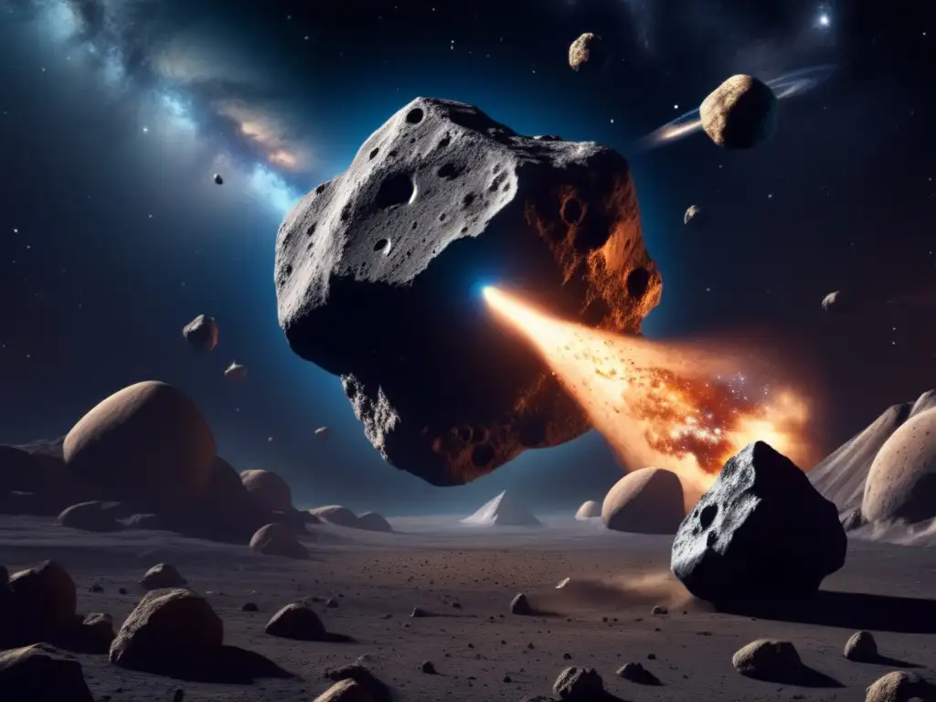 A breathtaking photorealistic portrayal of two massive asteroids colliding violently, spewing debris and dust clouds in their wake