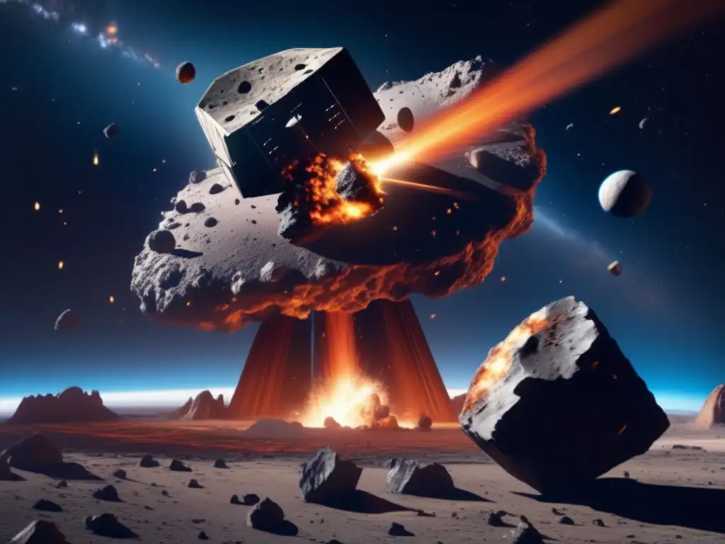 Asteroid collides with spacecraft, causing a magnificent explosion of space debris