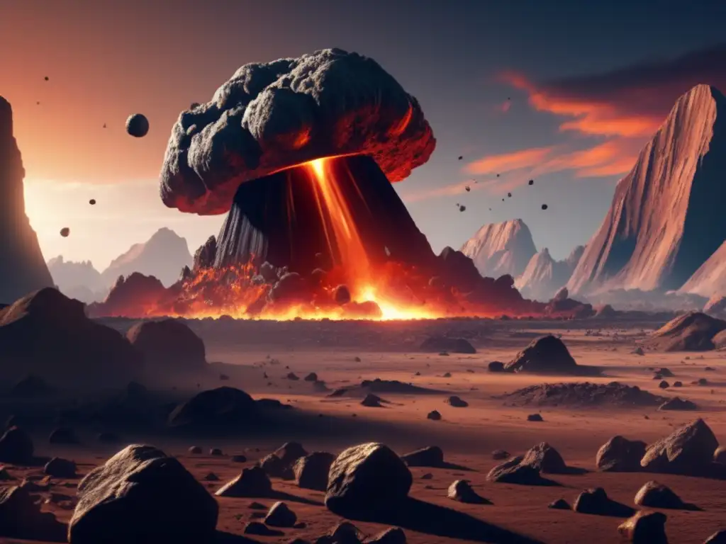 A photorealistic depiction of an asteroid smashing into Earth, showing the intricate rocky surface and jagged edges