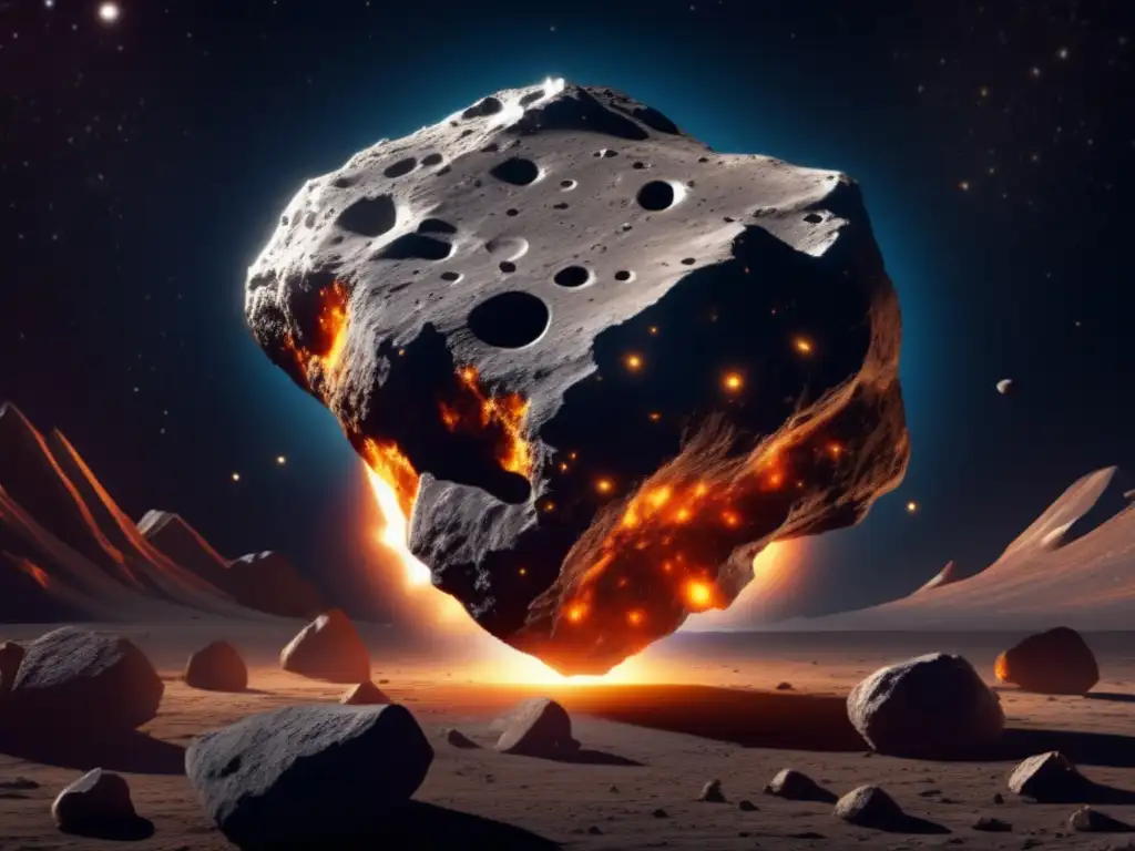 Dash: A highly detailed photorealistic image of an asteroid, loaded with deep craters and jagged rocks, glowing brightly amidst a vast, dark space