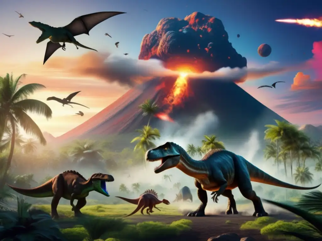 Massive asteroid hurtles towards a lush and diverse dinosaur ecosystem, casting a gloomy pallor over the land as dinosaurs scatter in panic