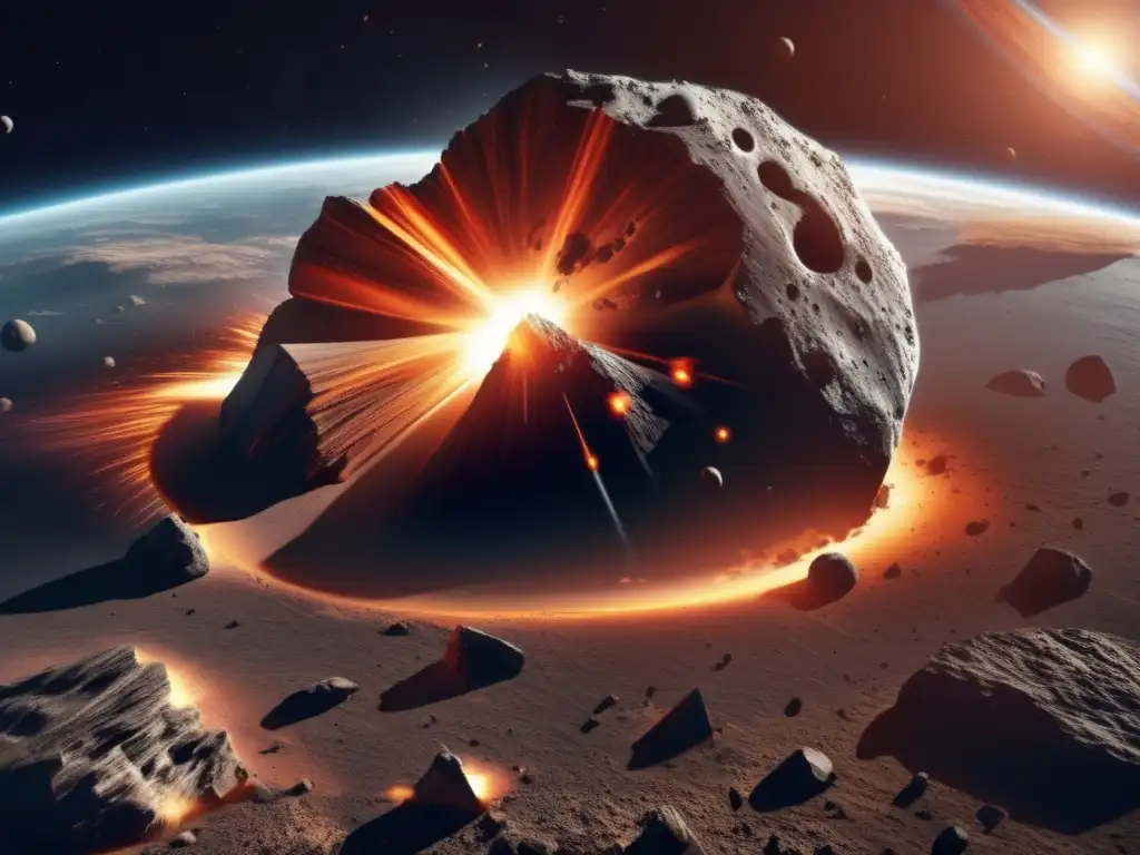 A photorealistic depiction of an asteroid collision with Earth, showcasing the intricate details and realistic shading of the rocky terrain