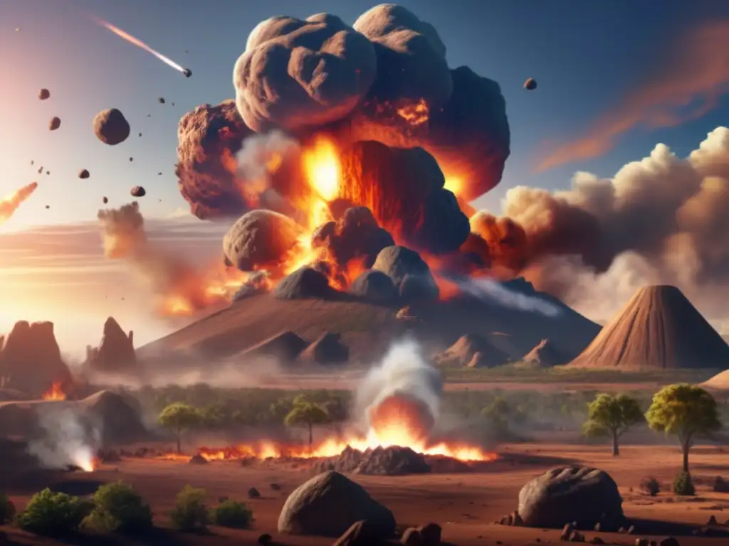 An devastating asteroid impact collides with Earth, causing enormous explosions, fires, and smoke that scatter throughout the impact site