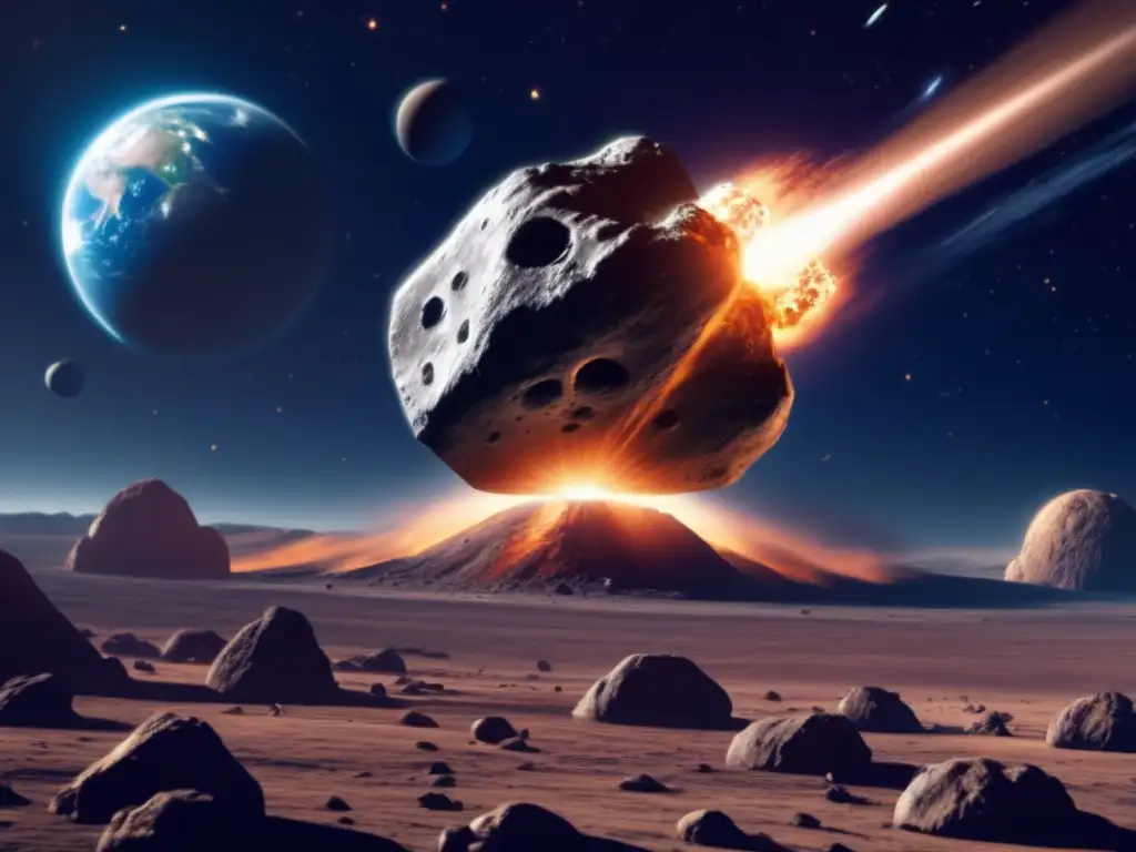 A photorealistic closeup of an enormous 300m asteroid race towards Earth at breakneck speed