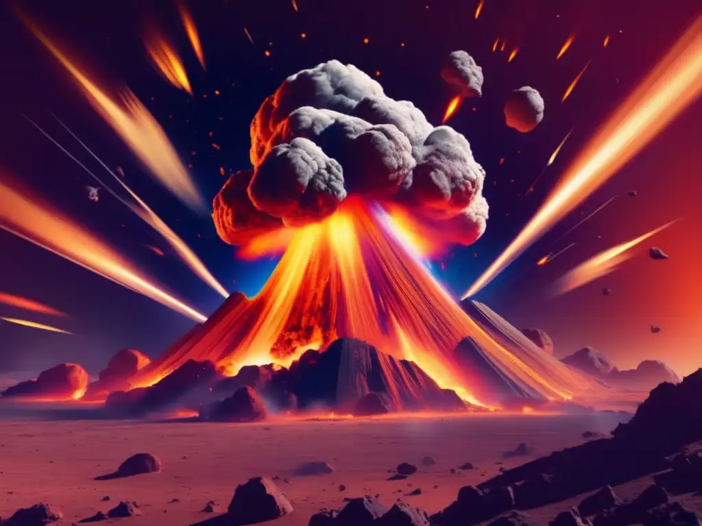 A haunting image of an asteroid collision, with explosions and fire devouring everything in their path
