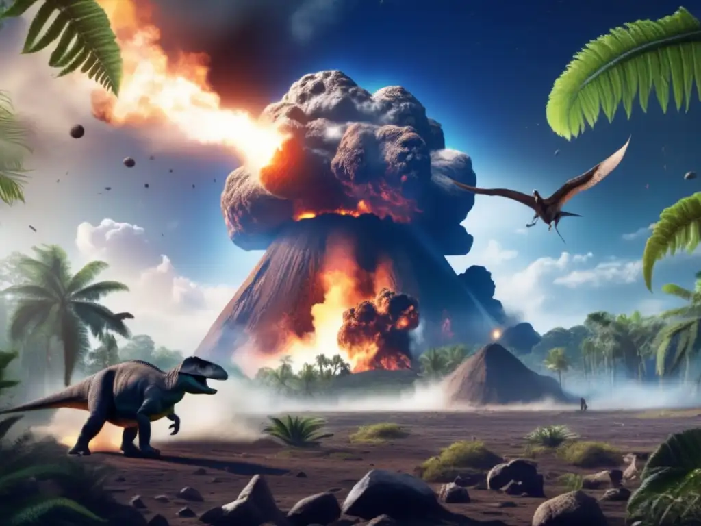 An asteroid impact on Earth leads to the extinction of dinosaurs and other species, surrounded by floating debris