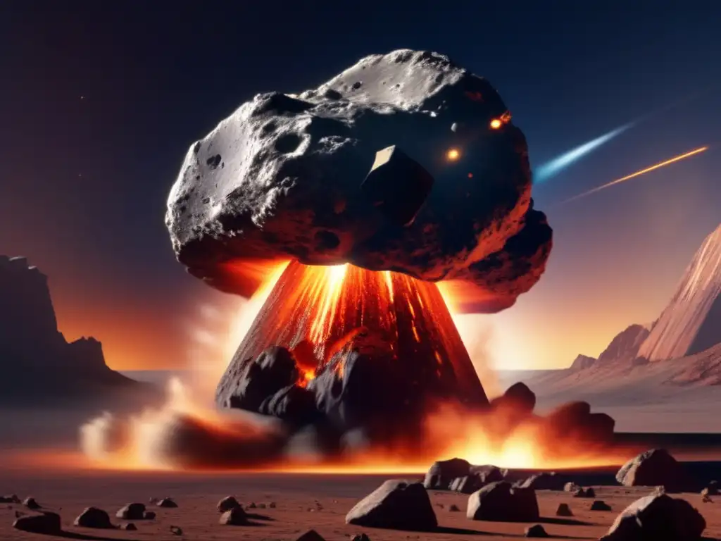 In a photorealistic rendering, a large asteroid is struck head-on by a kinetic impactor, causing a blast wave that sends debris flying everywhere