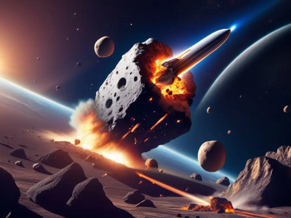   Asteroid collides with space elevator in photorealistic image, capturing the danger and unpredictability of asteroid mining