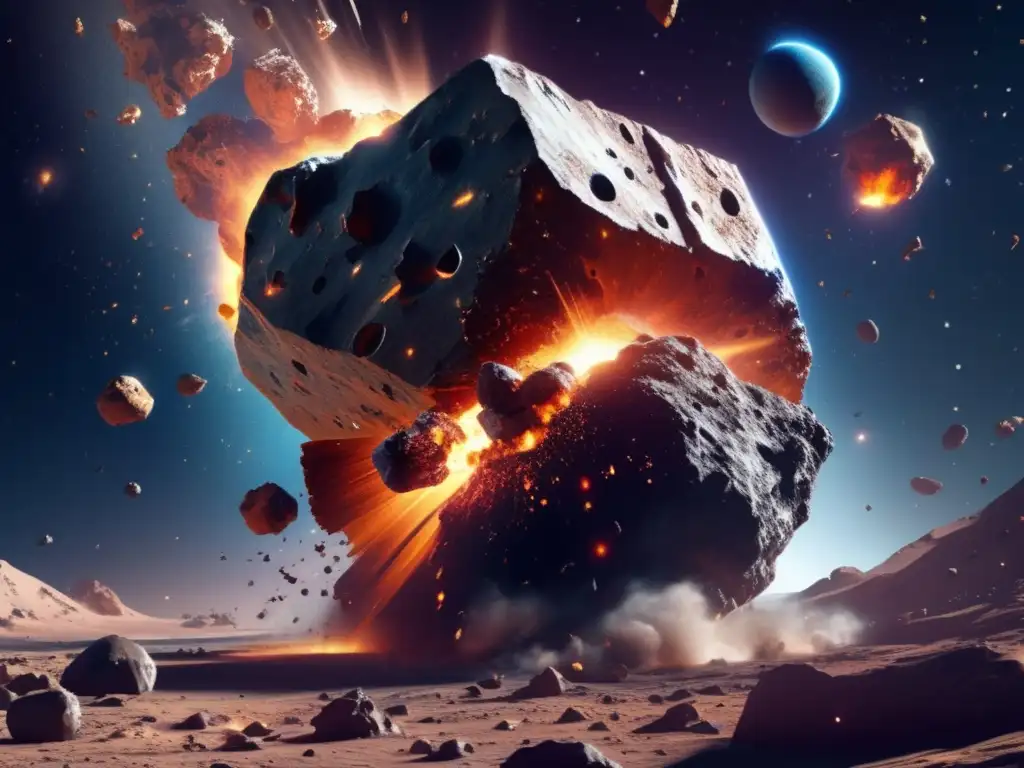 A dazzling collision of celestial bodies, an asteroid and a spacecraft merge in a spectacular display of 3D modeling and visual effects