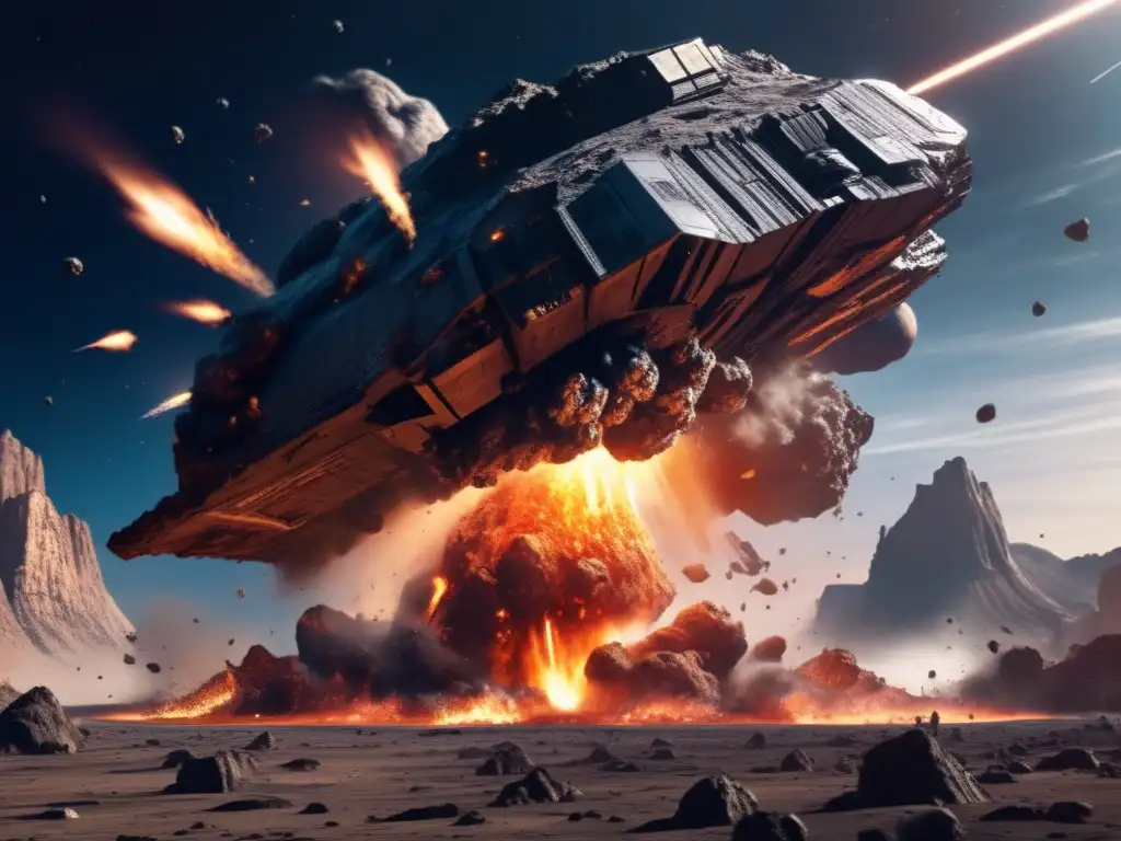 A photorealistic portrayal of a massive asteroid colliding with a spaceship, reminiscent of 'Starship Troopers'