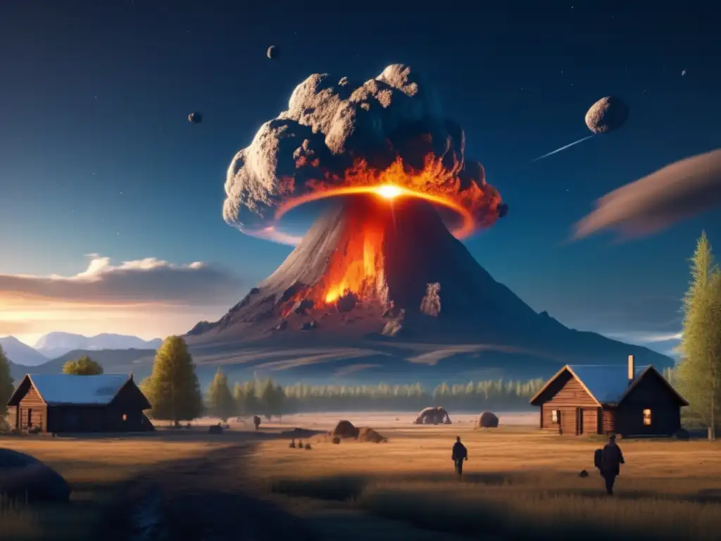 An asteroid descends from the sky with urgency, colliding with a remote village in the Siberian wilderness