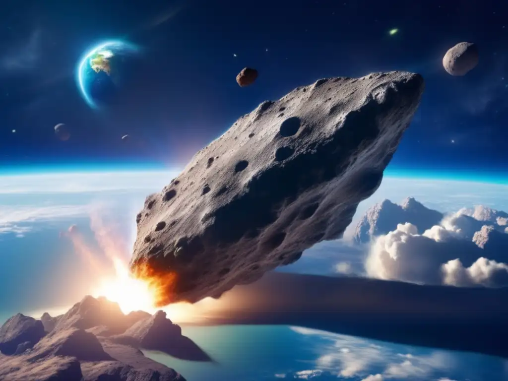 Terrifying asteroid collision with Earth: A photorealistic depiction of a blue and greenish Earth with white clouds and a blue atmosphere