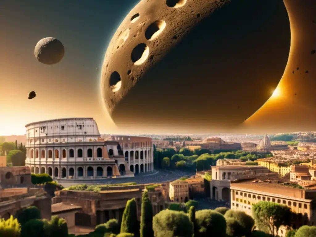 An aesthetically pleasing, narrow depth of field photo of an asteroid hovering over Rome's iconic landmarks: the Colosseum, Pantheon, and Tiber River
