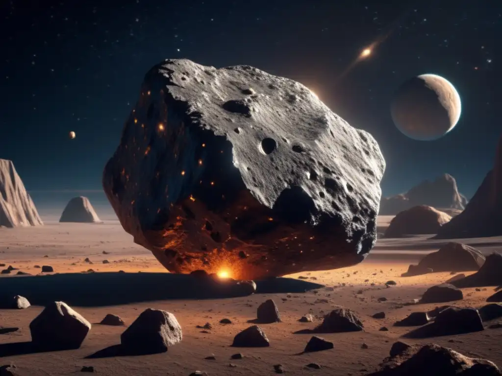 A captivating photorealistic image of an asteroid, its jagged surface and rocky terrain exuding complexity and potential value