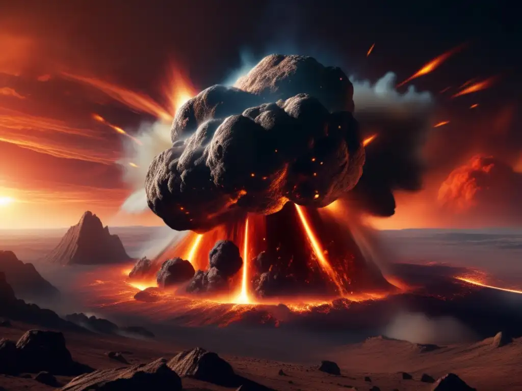 A photorealistic depiction of a gigantic asteroid, withdetails of its rocky surface, dust swirls, and fiery tail,crashing into the Earth from above