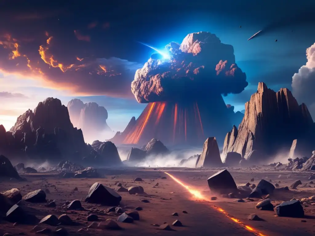 Brooding asteroid crash landscape scarred with destruction and devastation, sending debris and smoke into the sky in picturesque devastation
