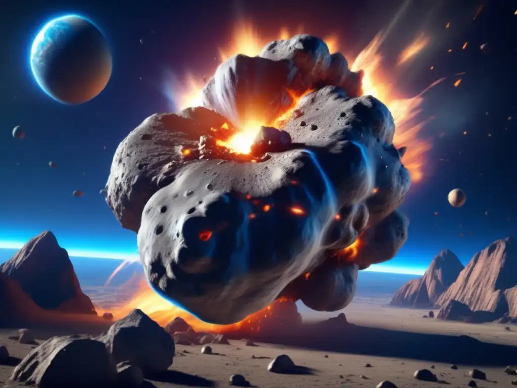 A massive asteroid collides with a small planet in space, triggering a catastrophic explosion that engulfs the entire planet, leaving nothing but destruction in its wake