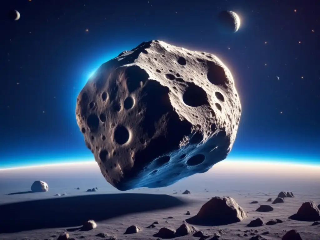 Marvelous photorealistic portrayal of an asteroid with intricate craters and jagged edges against a profound blue space backdrop