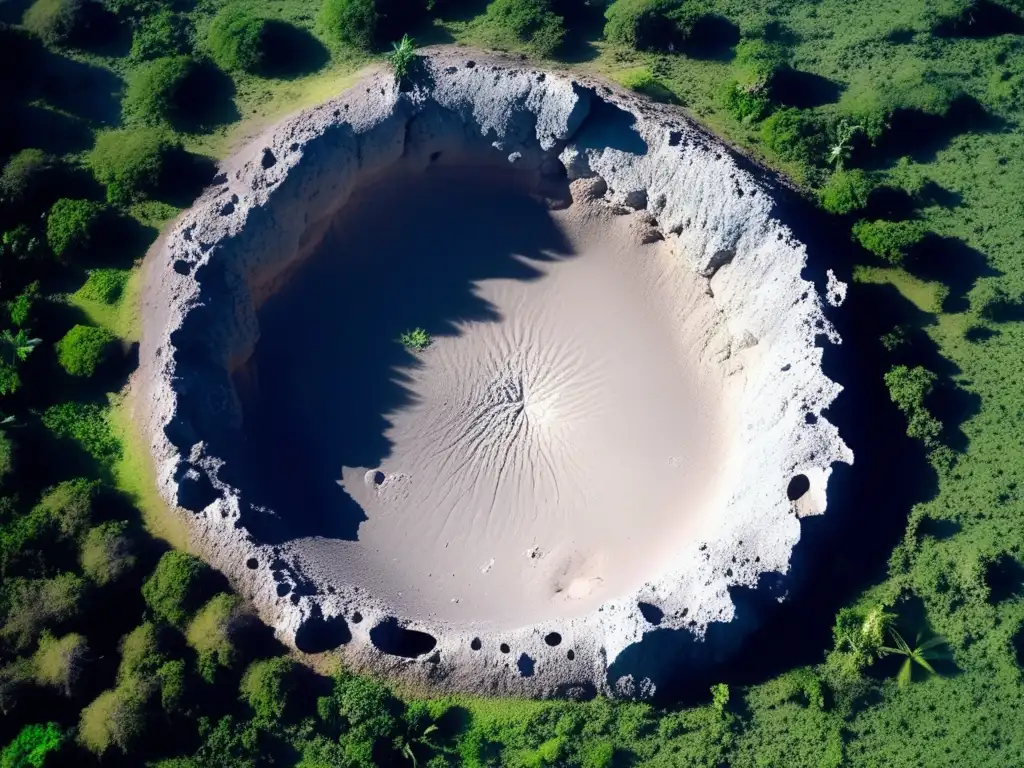 A breathtaking aerial view of the impact crater on the Yucatan Peninsula, showcasing the sharp details of the damaged rocky terrain surrounding it