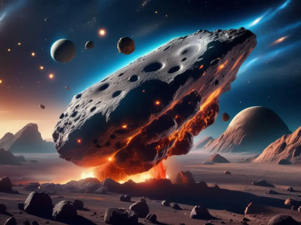 Majestic asteroid, meticulously sculpted by meteor impacts, positioned against a grandiose cosmic backdrop, vibrant nebulae enveloping the scene, a photorealistic masterpiece-