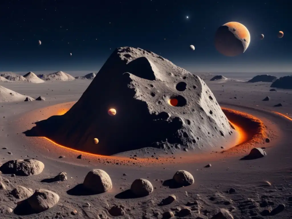 Captivating view from space: Asteroid with jagged craters, glowing orange moons, and changing positions in the background