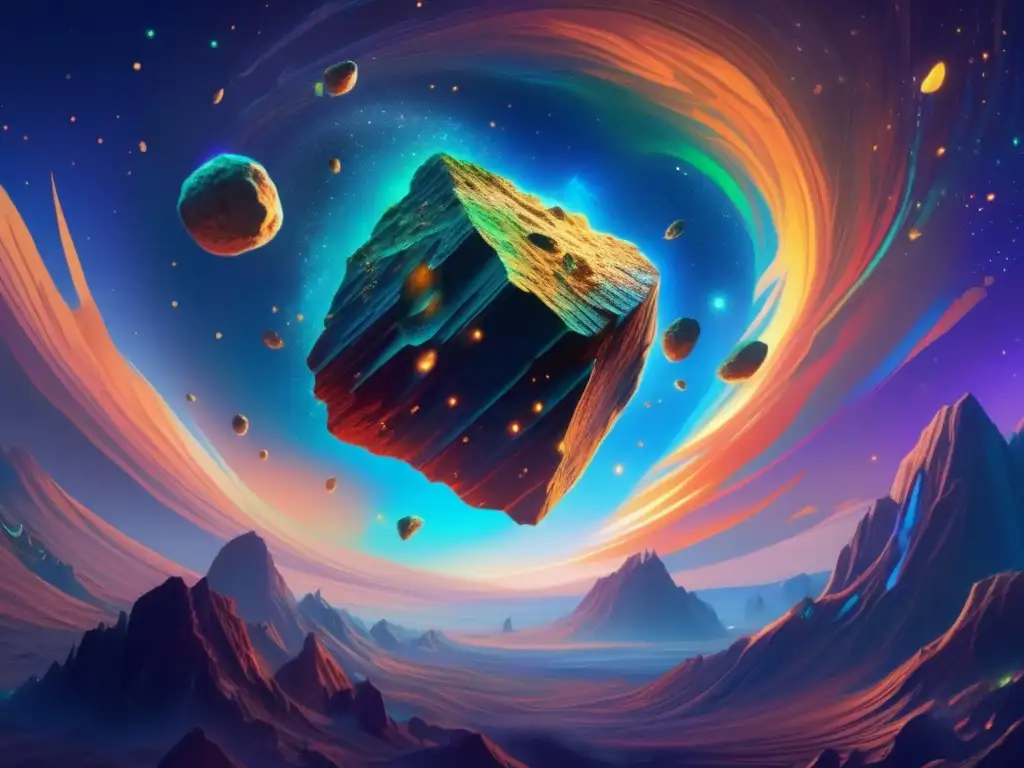 An intricate depiction of a glowing rocky asteroid, soaring through the sky with swirling pixels in hues of blue and green