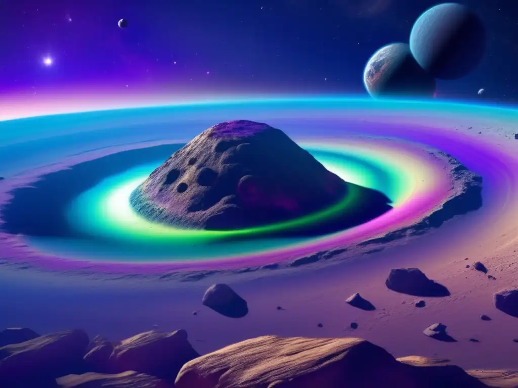 A stunning photorealistic image of an asteroid, with intricate rock formations and rocky outcroppings, suspended in space against a backdrop of swirling nebulae with shades of blue, purple, and green, evoking a sense of intrigue and curiosity about the potential for panspermia