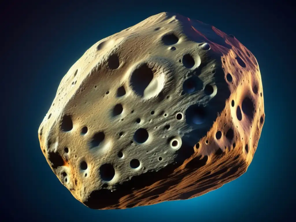 A photorealistic depiction of asteroid Danae highlights its unique textured surface, with vivid craters and valleys lit from multiple angles