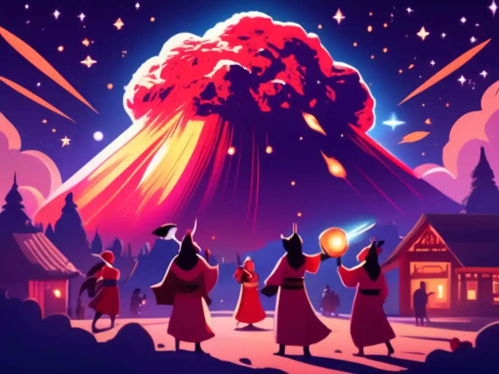 A mysterious & otherworldly presence, an imposing asteroid glowing red at night, surrounded by Pagans in robes, masks & wands
