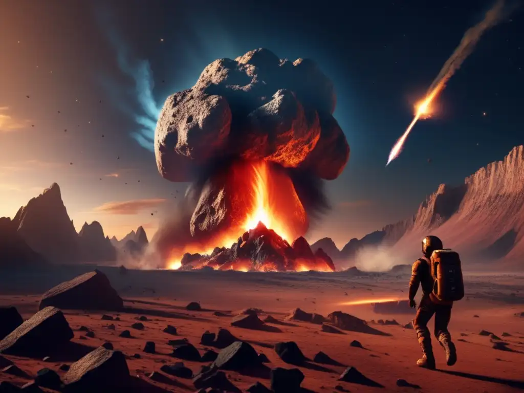 A catastrophic deltashaped asteroid approaches Earth, hurtling with jagged rocks and debris, a trail of fire and smoke behind it