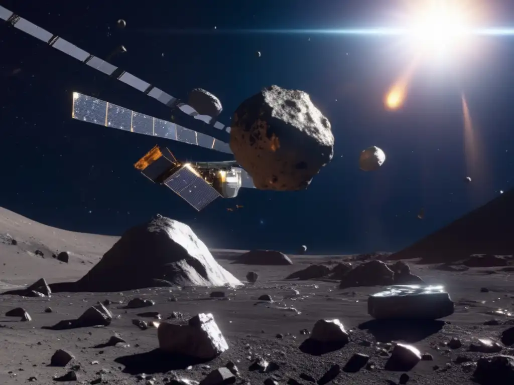 A breathtaking view of space debris surrounding an asteroid, composed of metals, rocks, and ice, drifting and tumbling around the rocky surface