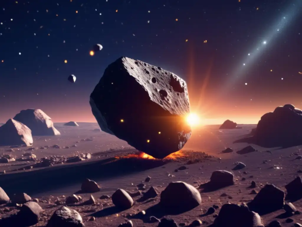 camera shot of an asteroid causing debris in space, sun rising, 8k resolution, diamond shape, fuel visible