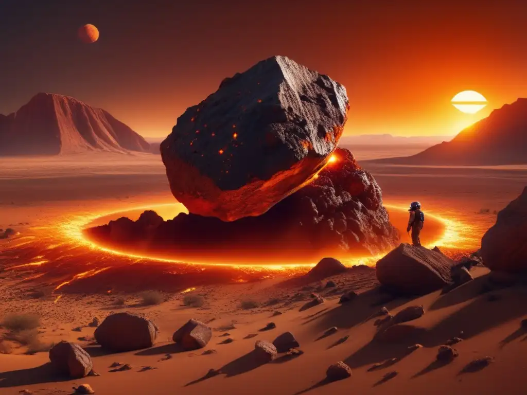 A fiery asteroid streams debris in a photorealistic scene, with a setting sun casting an orange glow, set against an arid desert landscape