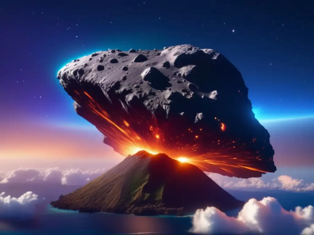 Mesmerizing 8k photograph of a glowing asteroid flying through the sky, casting an eclipse on the Samoan islands
