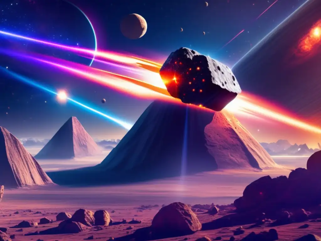 A stunning and futuristic asteroid defense system in action, with multiple laser beams focused on a large threatening asteroid