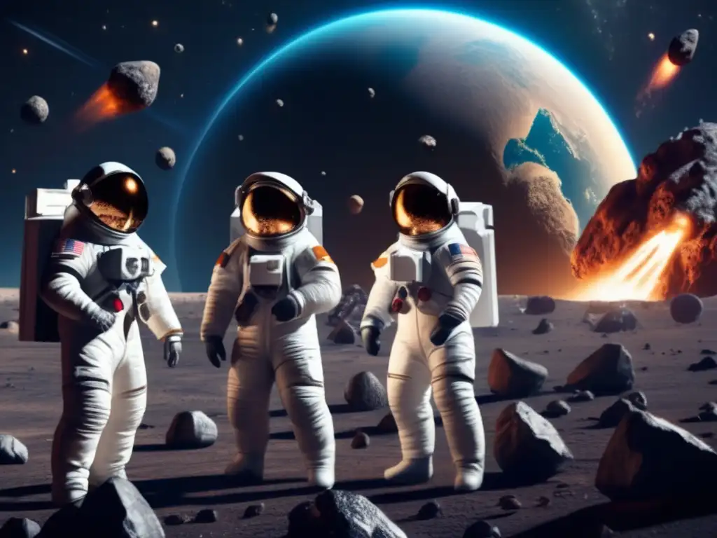 Protective astronauts stand in front of a dusty, photorealistic Earth in space, ready to defend against asteroid attacks