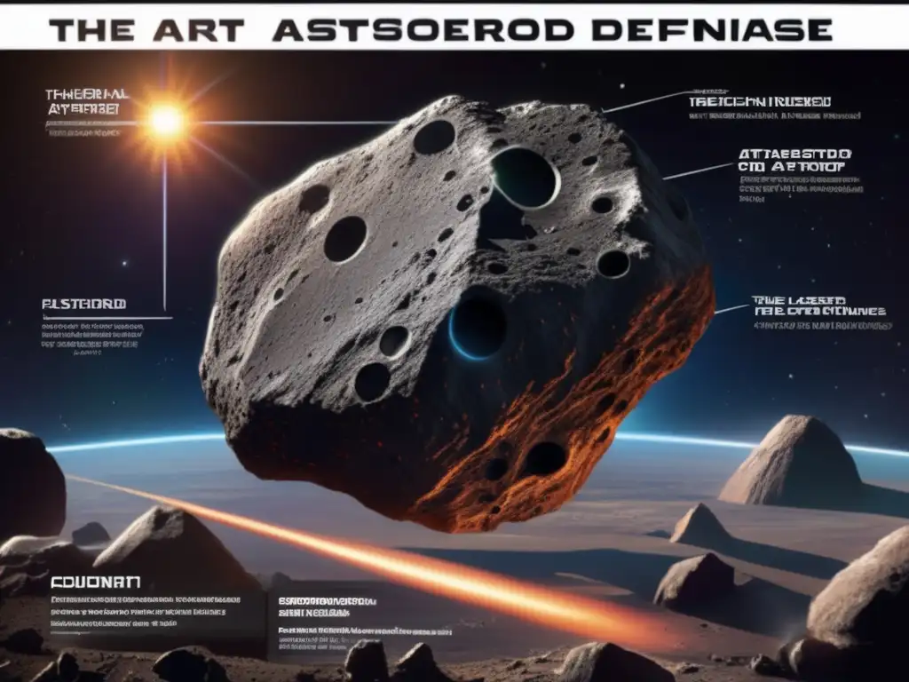 A photorealistic image of a weaponized asteroid, with detailed surface and interior showing evidence of telescopic surveillance, heat trails, and laser beams striking as it hurtles through space, accompanied by the legend 'Art of Asteroid Defense: Techniques and Tools