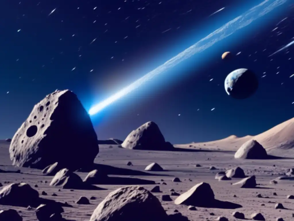 A rocky asteroid hurtles towards Earth with a rough, cratered surface and visible rock formations jutting out