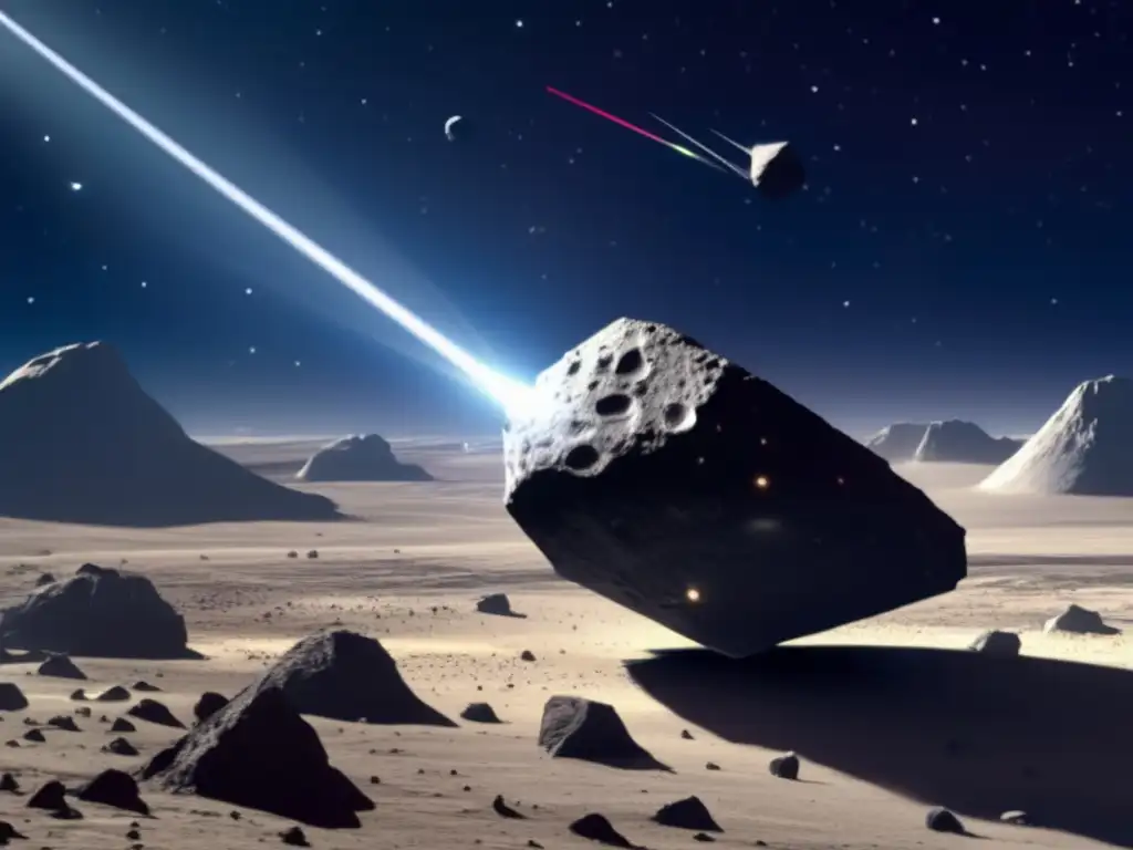 Caption: An urgent mission to deflect an asteroid's path, with a state-of-the-art spacecraft equipped with lasers and advanced technology in the foreground, and a panoramic view of a futuristic skyline behind