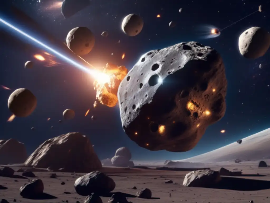 Dash: An awe-inspiring image of a deflected asteroid in space, with multiple asteroid deflection missions planned around it- showcasing the incredible technological advancements in asteroid mitigation strategies such as kinetic impactors, gravitational contractors, and thruster-based deflection techniques, all beautifully illustrated in high-resolution photorealistic style, filled with intricate details of the asteroid and its surrounding orbit