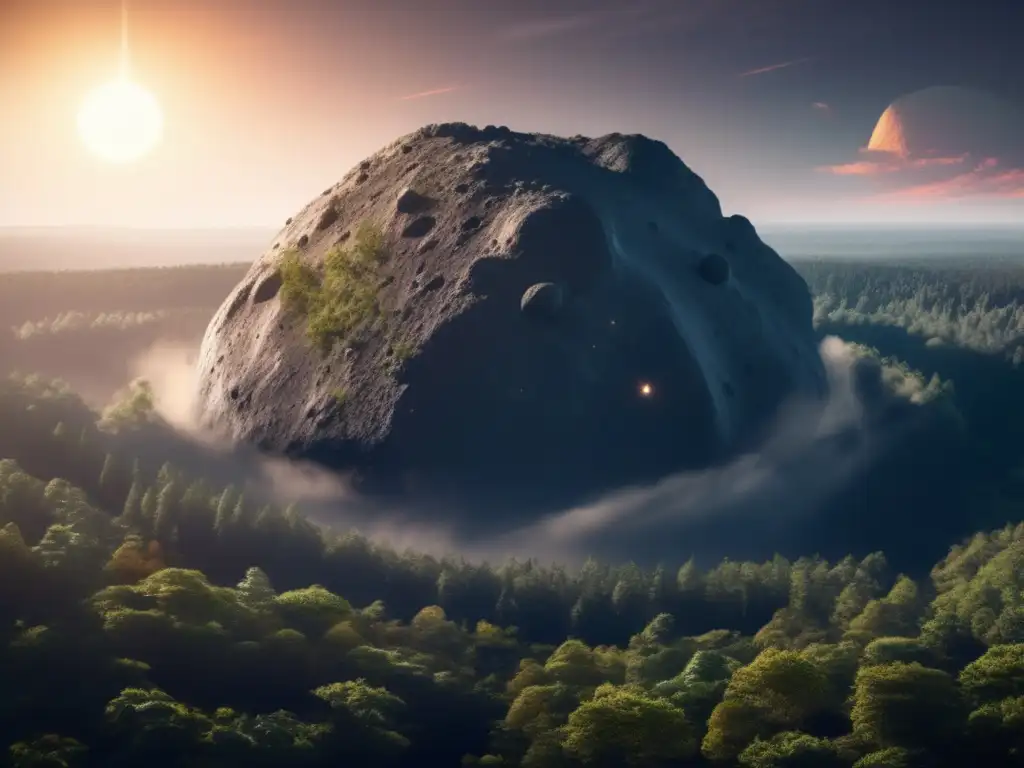 A striking image of a 10m diameter asteroid descending upon a dense, lush forest