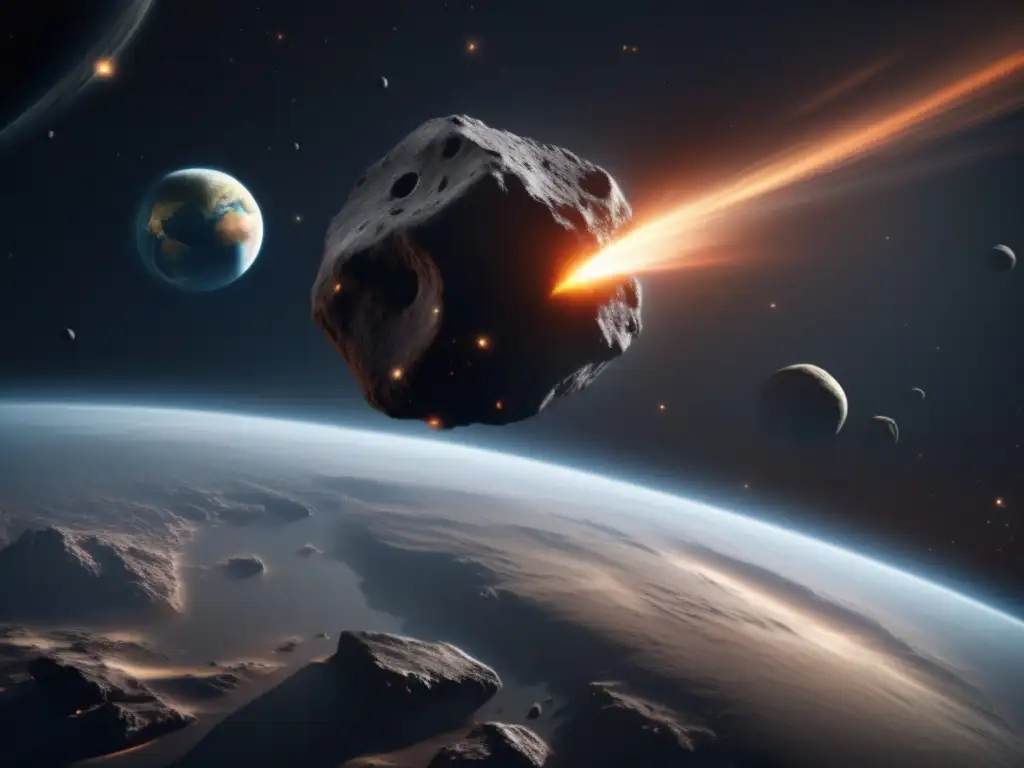 Dashing towards Earth in a spiraling line of jagged rocks is an asteroid of deep, dark brown dusks