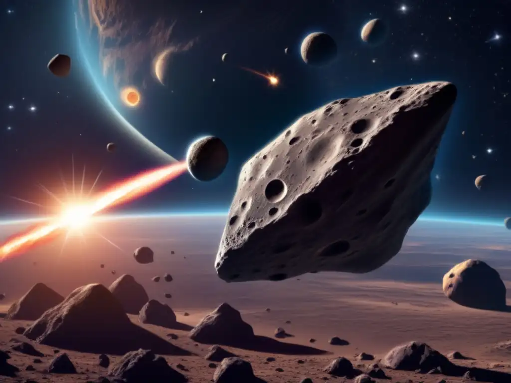 A photorealistic illustration of an asteroid descending towards Earth, with intricate detail and tension colorgraded